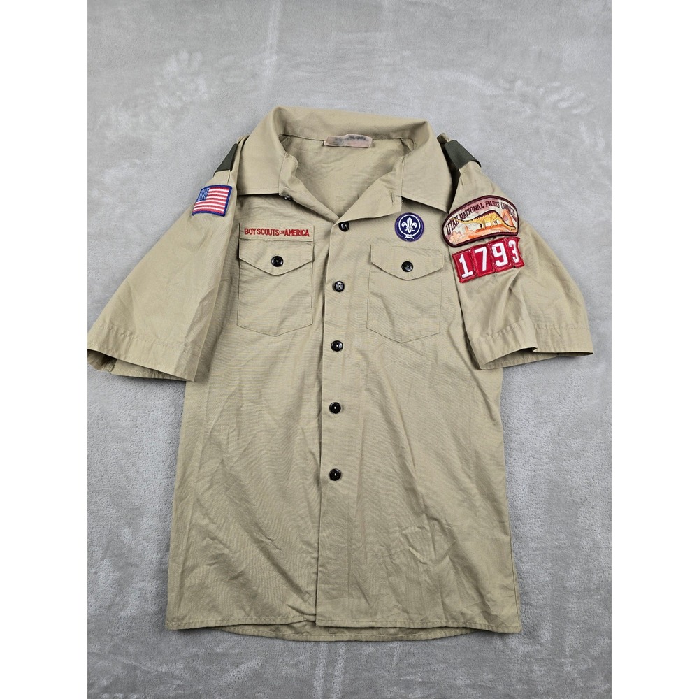 Boy Scouts of America Uniform Shirt Youth Large Tan Short Sleeve Patches 1793
